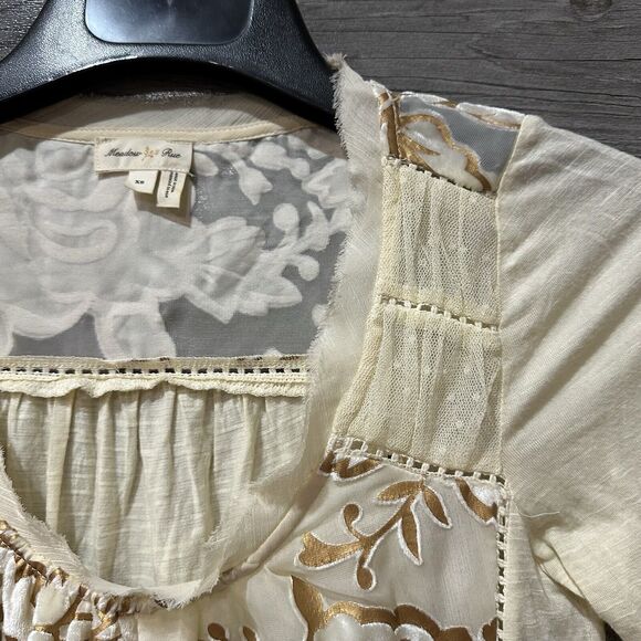 Meadow Rue Anthropologie Womens XS Blouse Beige Floral Long Sleeve - Picture 10 of 15